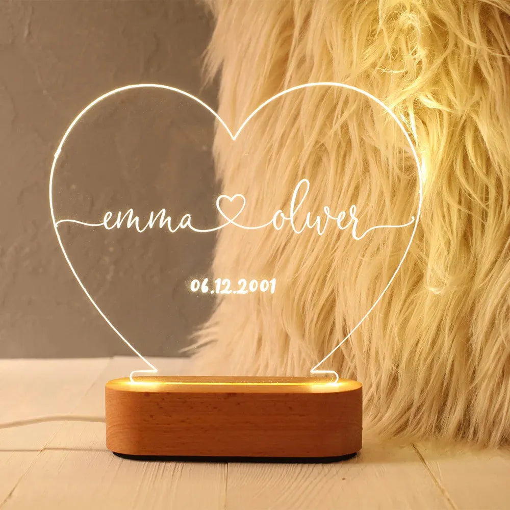 Custom acrylic LED night light with personalised names and dates, 20cm tall modern design