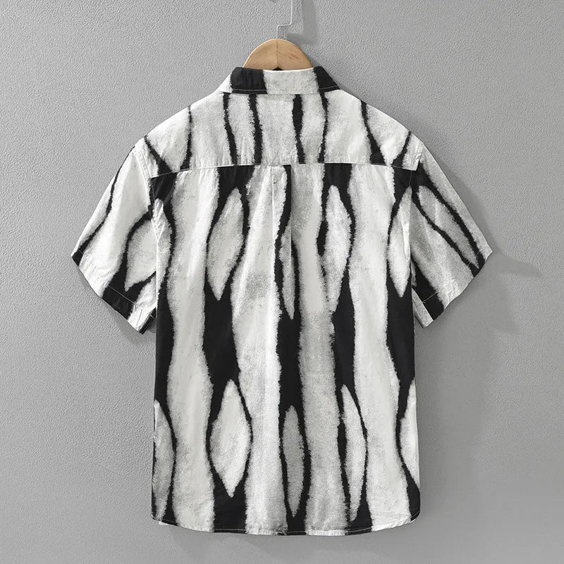 Retro striped short sleeve shirt in pure cotton fabric showing black and brown colour options