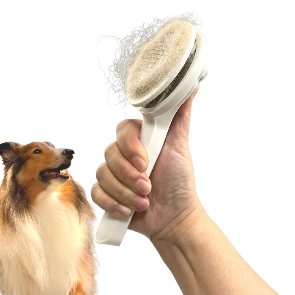 Blue self-cleaning pet grooming brush with stainless steel pins and ergonomic rubber handle