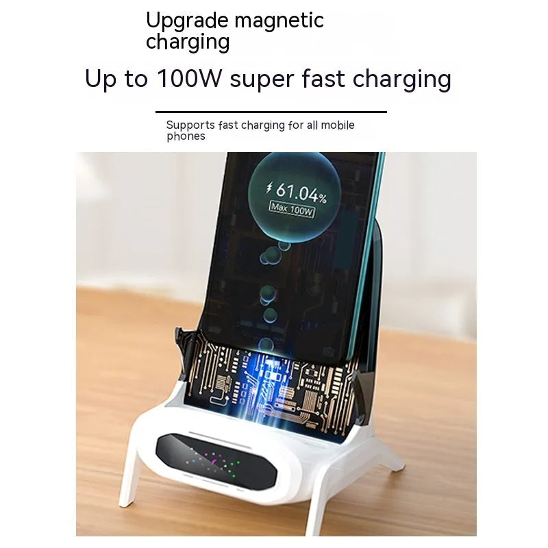Transparent small chair wireless charger phone stand showing white, blue, and pink colour options