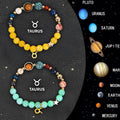 Two natural stone beaded bracelets with zodiac charms on an adjustable elastic band.