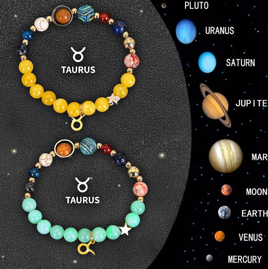 Two natural stone beaded bracelets with zodiac charms on an adjustable elastic band.