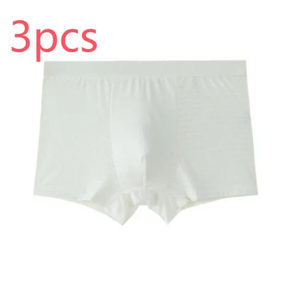 Men's solid colour ice silk modal boxer briefs showing U convex design on a mid waist.