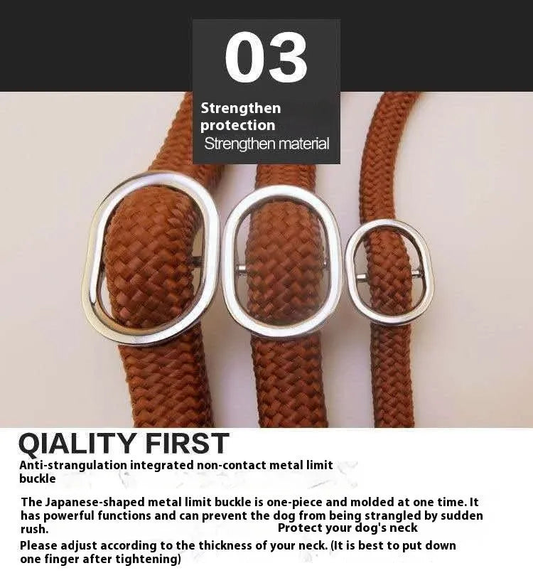 Brown nylon dog leash with P chain handle, showing 2.1 metre length.