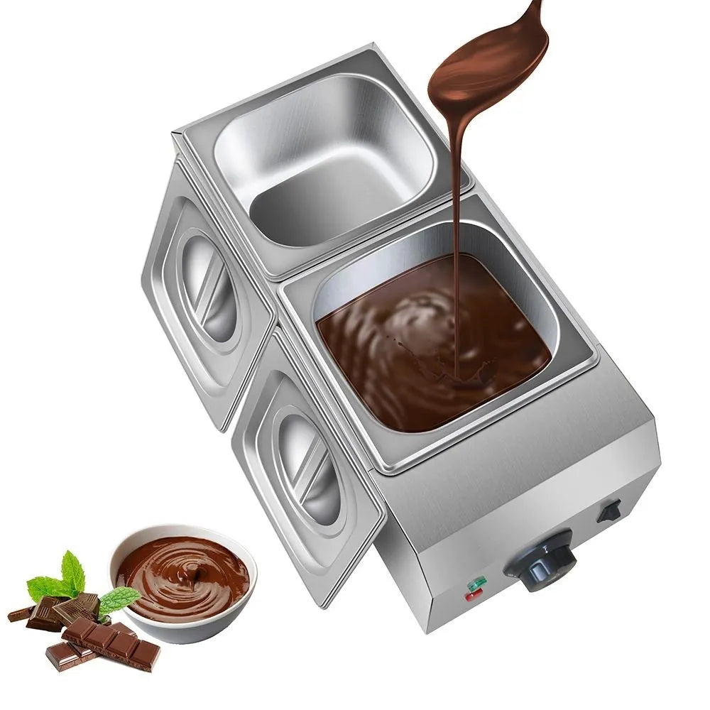 Commercial electric chocolate melting machine with double pot and temperature control display.