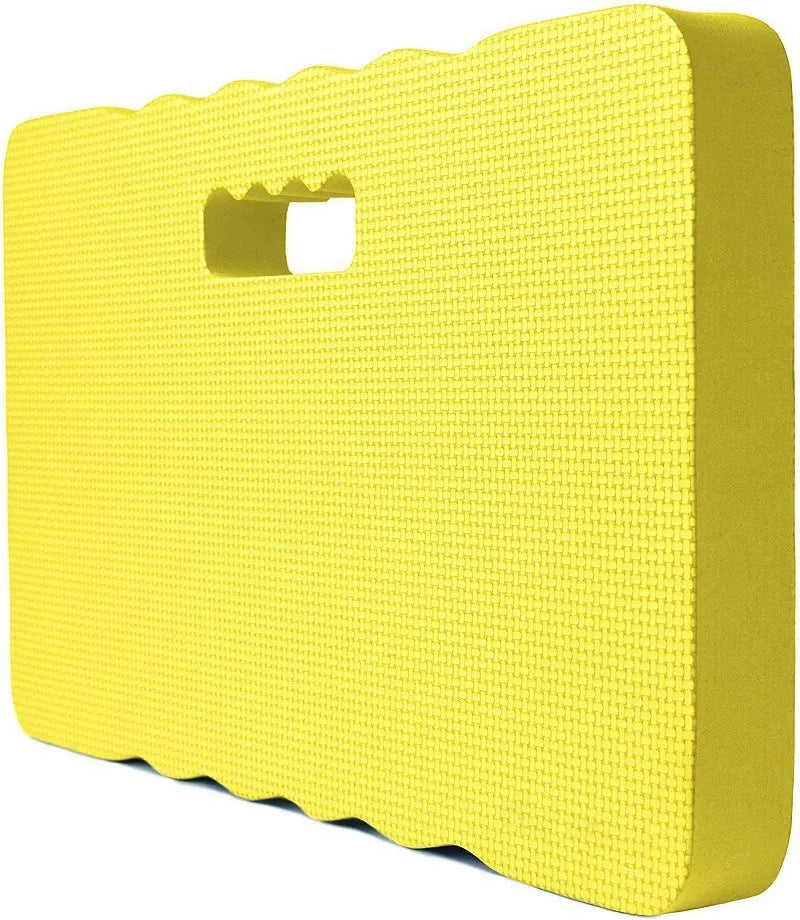 Blue plastic Eva foam garden kneeler pad on soil, showing dimensions for comfortable kneeling support.