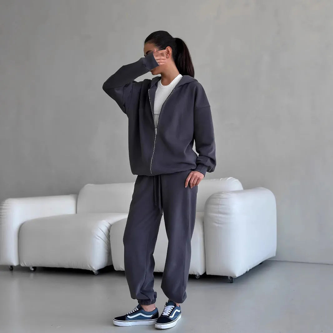Loose two-piece set with long-sleeved coat and trousers in solid red light gray or gray polyester street style