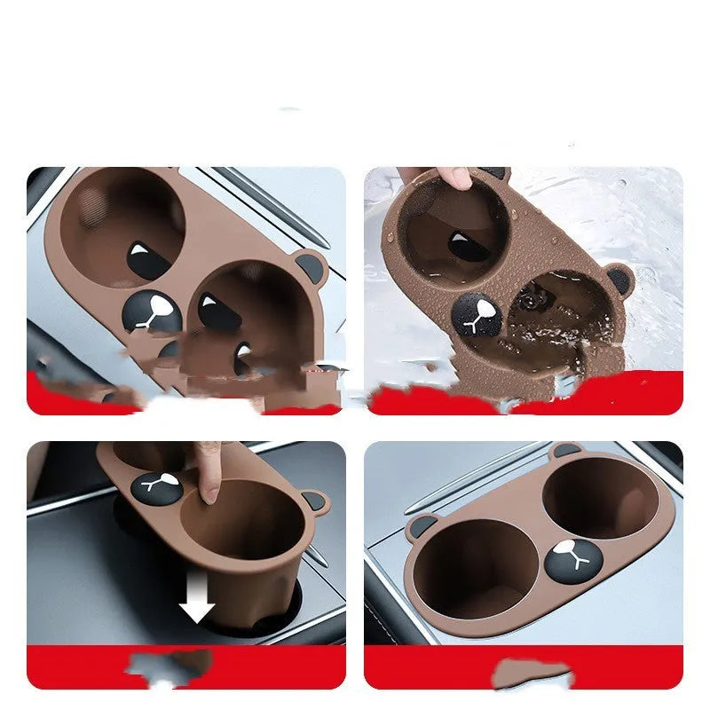 Silicone anti-shake cup holder limiter insert for car centre console in grey, tan, and pink colour options.