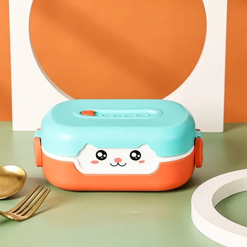 Square plastic divided lunch box in dark blue, orange yellow, or pink and green with microwave-safe symbol