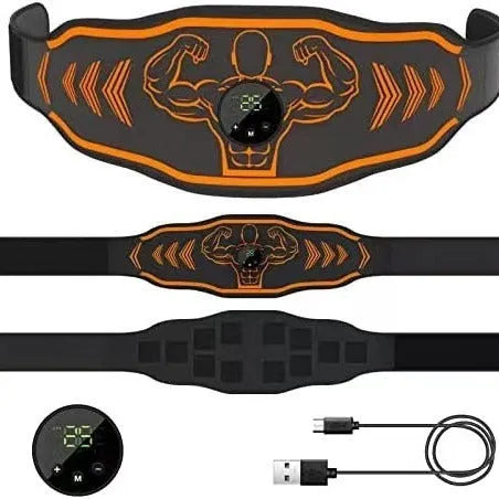 Smart EMS massage belt fitness equipment in orange and blue colours with rechargeable host and arm stickers