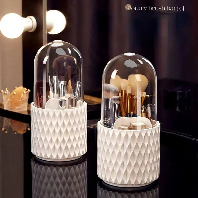 White rotating acrylic makeup brush storage box with transparent dustproof lid on dressing table