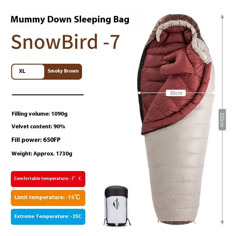 Goose down mummy sleeping bag for adult camping in a stuff sack