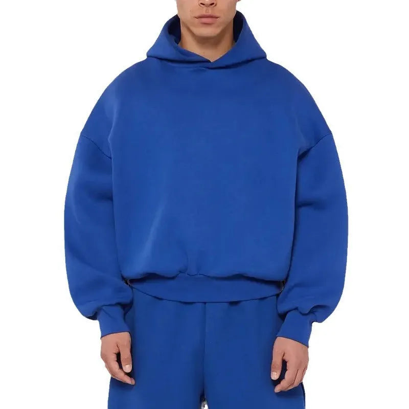 Men's grey fleece-lined cotton pullover hoodie with a front pocket and threaded long sleeves.