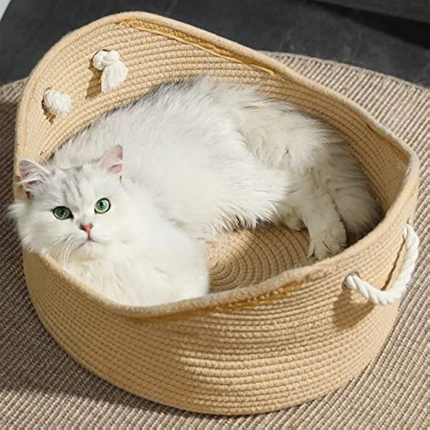 Wicker cat bed basket with corrugated scratching surface in small or large sizes