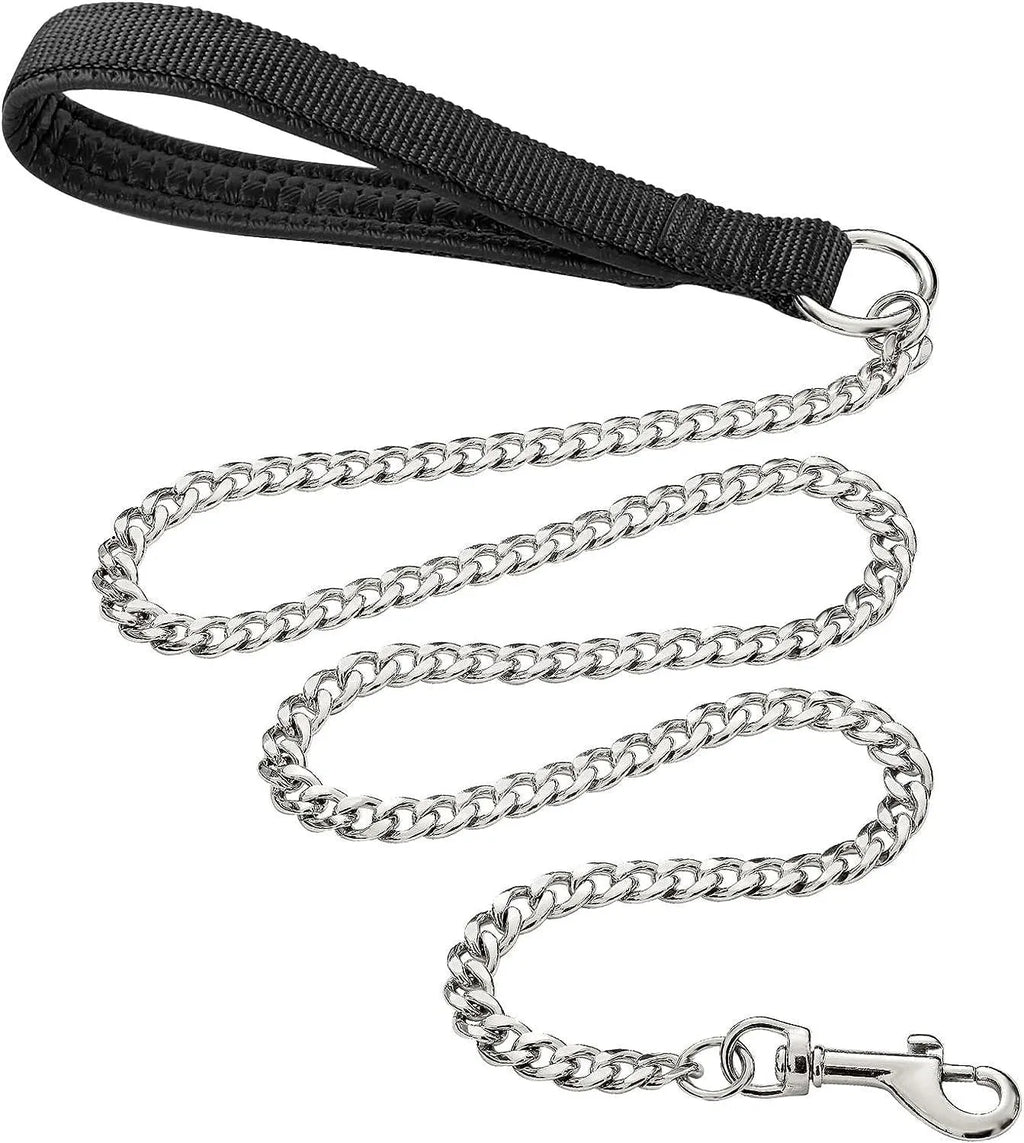 Heavy duty chrome metal dog leash chain with a black soft padded handle.