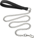 Heavy duty chrome metal dog leash chain with a black soft padded handle.