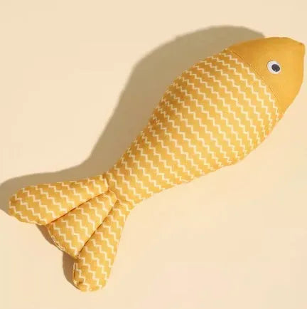 Catnip fish toy in blue, red, or yellow with measured dimensions for feline play