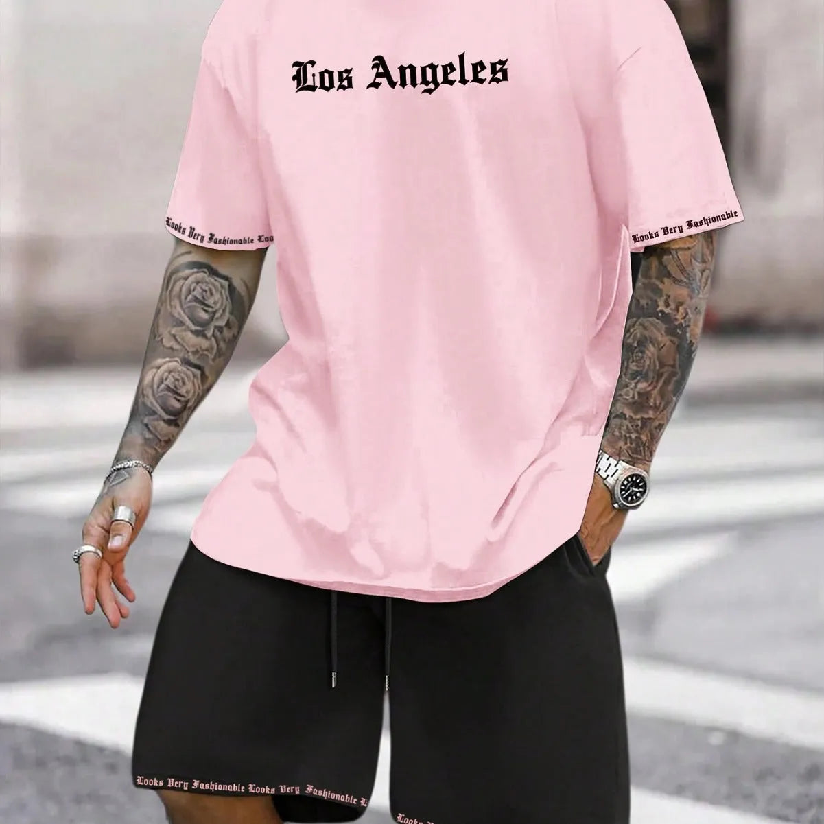 Men's blue short sleeve shirt and matching shorts casual sports outfit