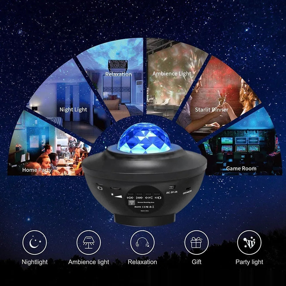 Black starry sky projection lamp on a desk showing water ripple and laser light effects on the ceiling.
