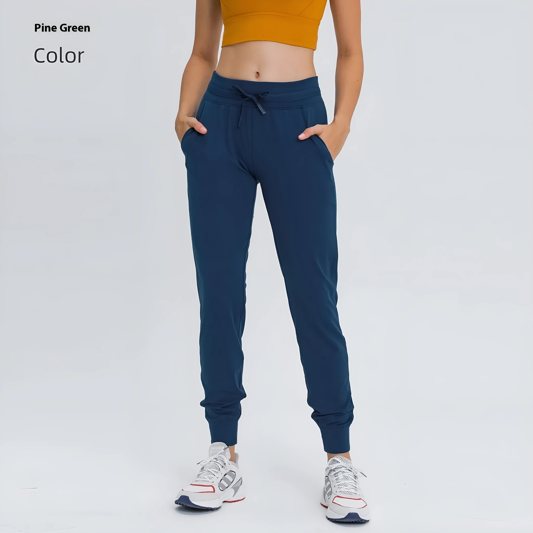 Women's high waist yoga pants in cotton blend fabric with drawstring waist in Belgian Blue colour