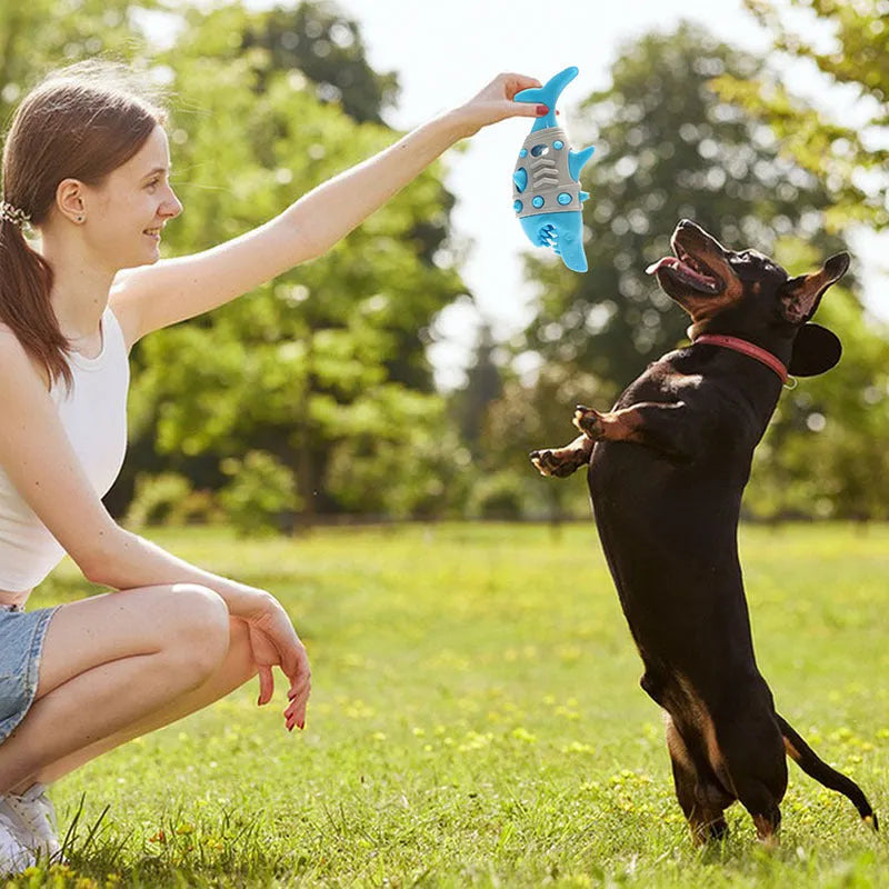 Blue durable rubber dog toy with shark-tooth texture and leaky design for teething puppies