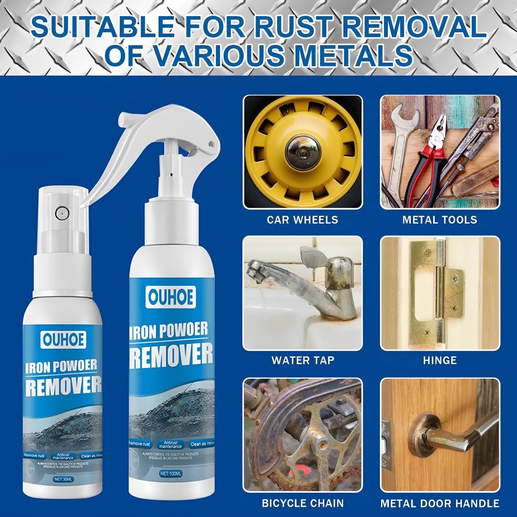 Automotive iron powder rust remover spray bottle with blue square sponge applicator for car surface treatment