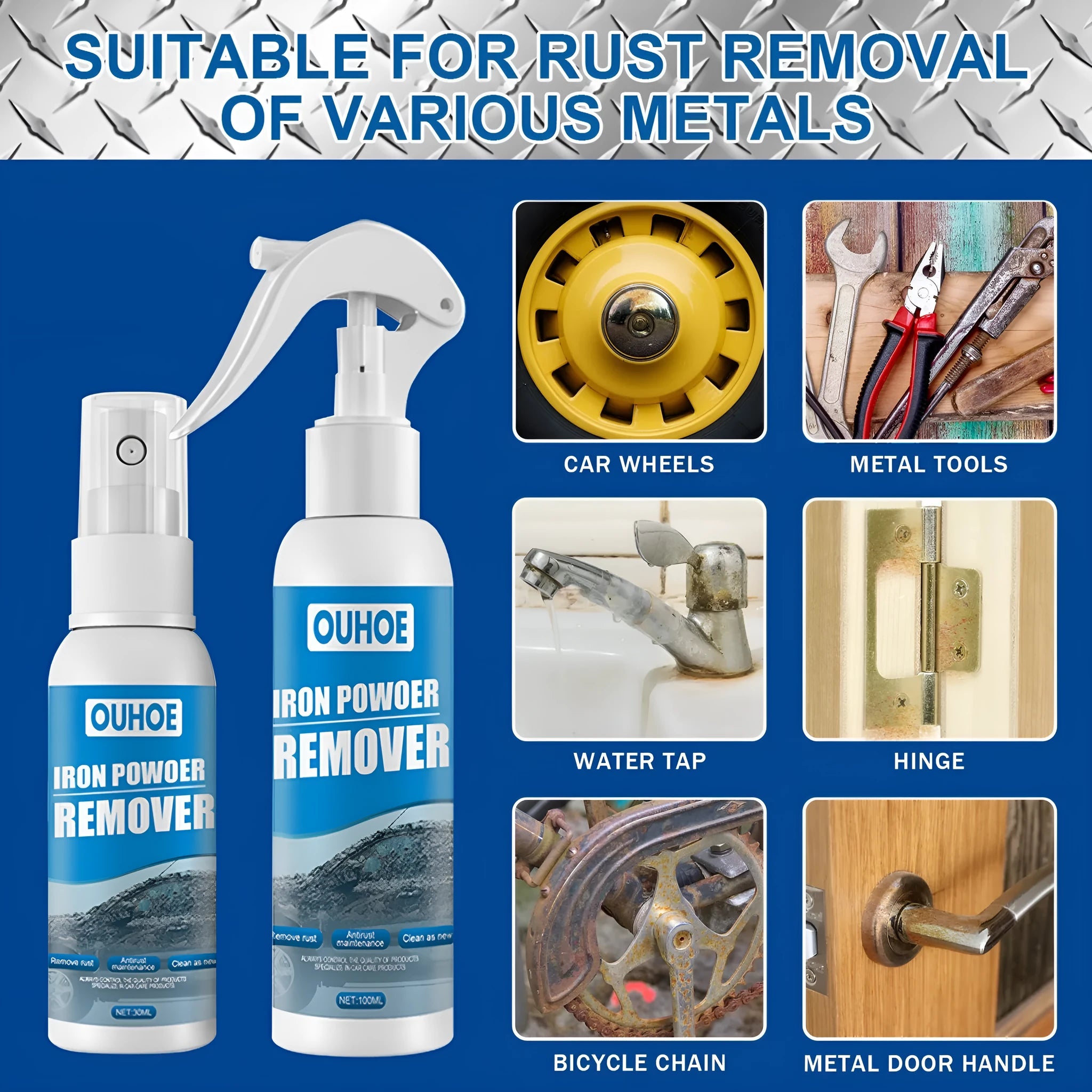 Automotive iron powder rust remover spray bottle with blue square sponge applicator for car surface treatment