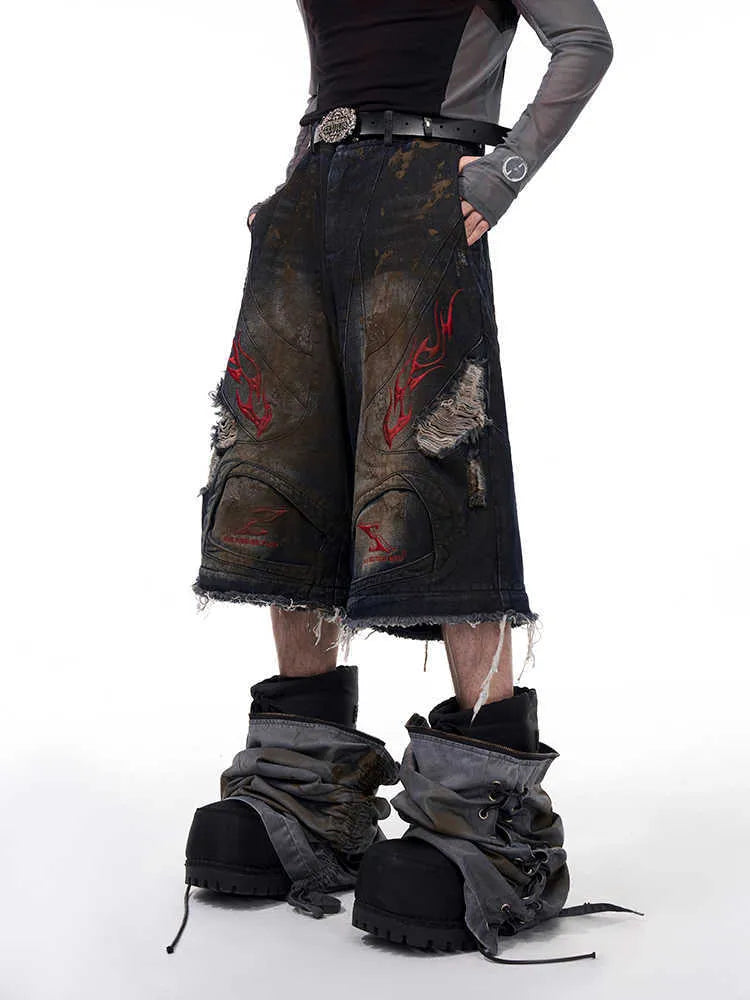 Men's retro jeans with detachable legs showing mid-high waist and loose fit wide-leg design