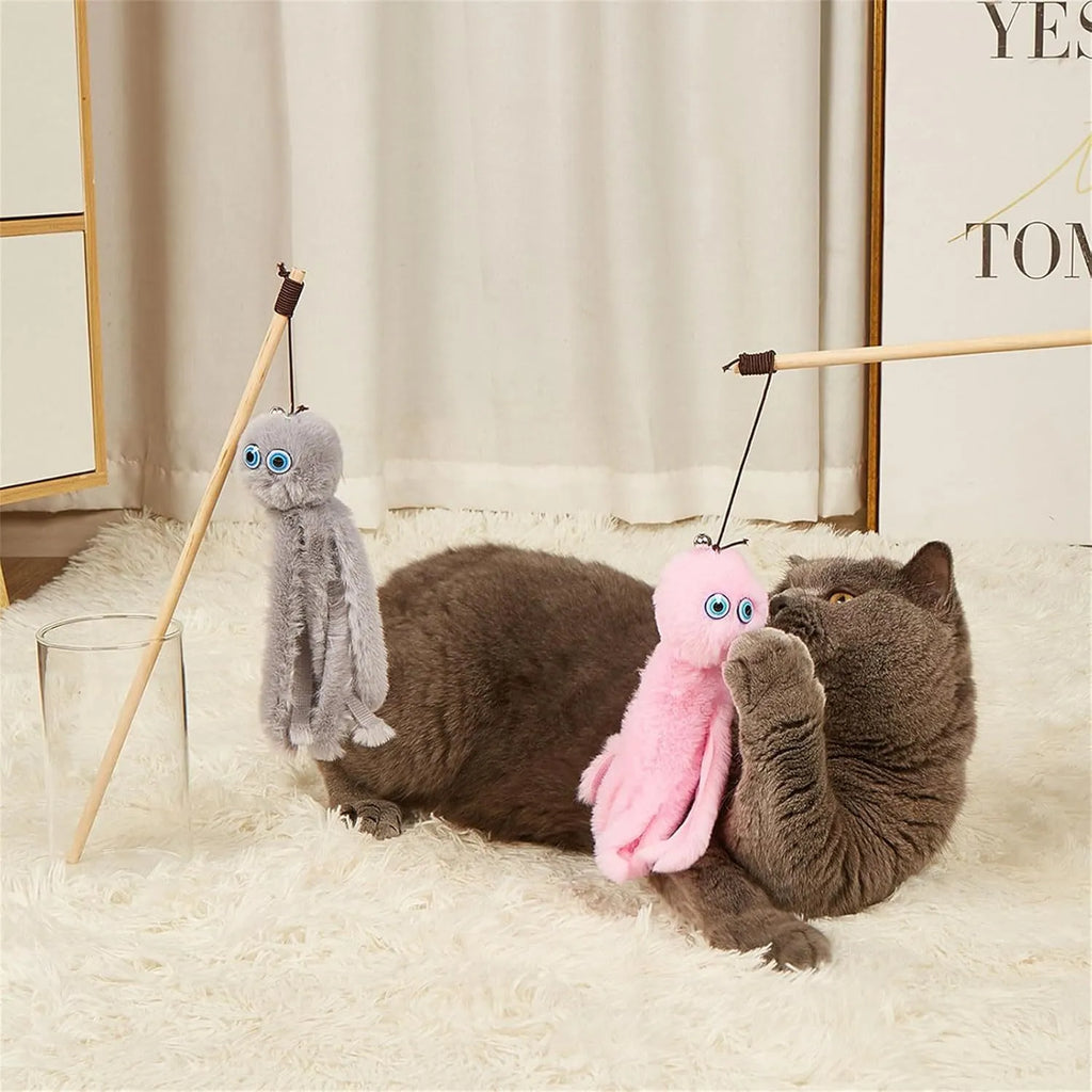 Octopus theme cat toy with long stick handle in bright pink purple red grey colours