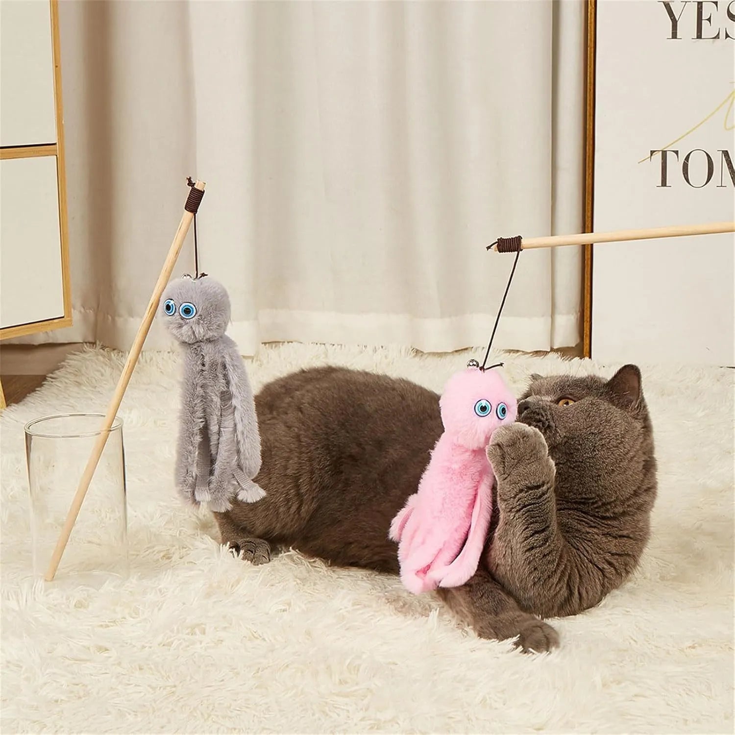 Octopus theme cat toy with long stick handle in bright pink purple red grey colours