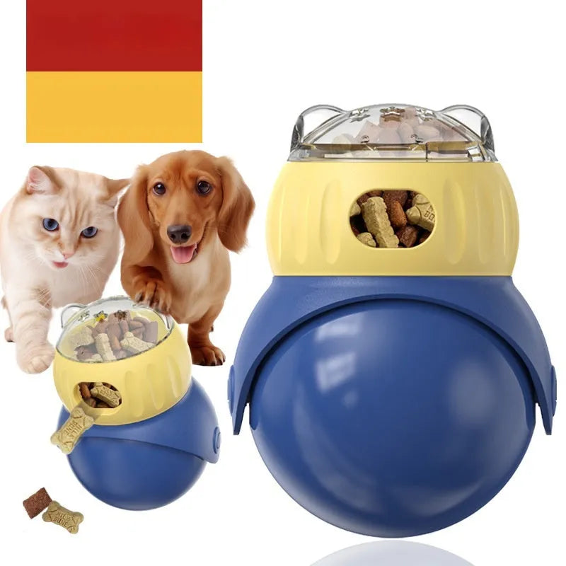 Owl-shaped plastic tumbler cat puzzle toy in Morandi yellow and blue colours.