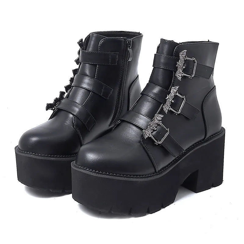 Black women's punk Martin boots with side zipper, bat buckle, and thick platform heel