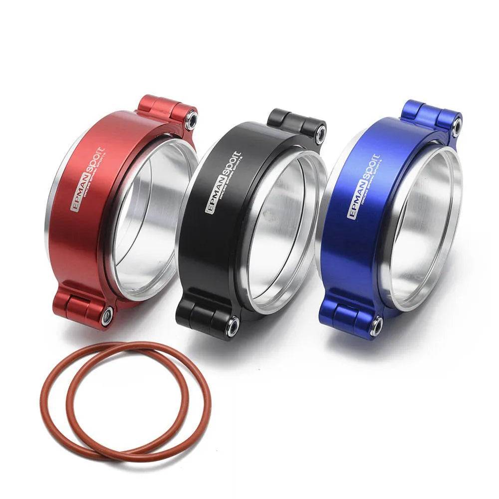 Aluminium fixed movement exhaust clamp for turbo applications in black, blue, or red.