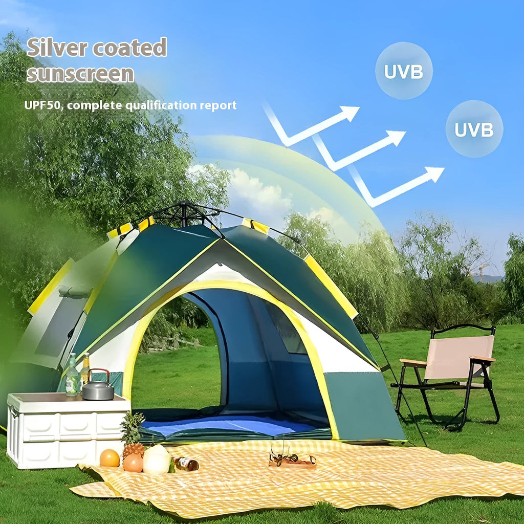 Dark green automatic opening family camping tent for 3-4 people with double-layer design