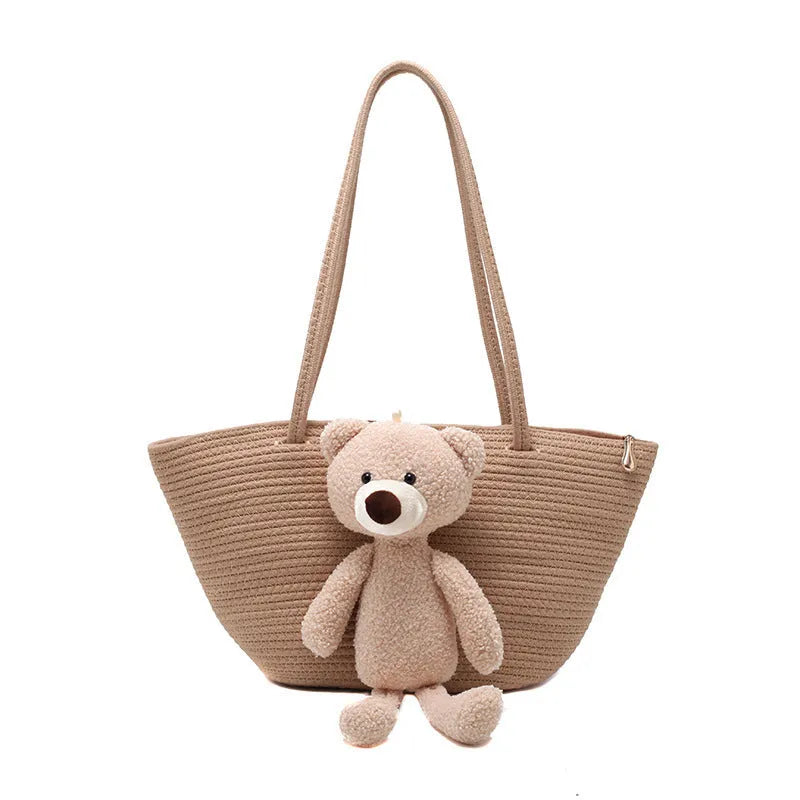 Cotton linen woven dumpling shaped bag with double straps and three-dimensional pocket in multiple colour options
