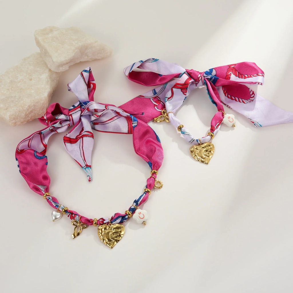 Colourful silk scarf series stainless steel necklace and bracelet set with gold electroplated love pendant geometric design
