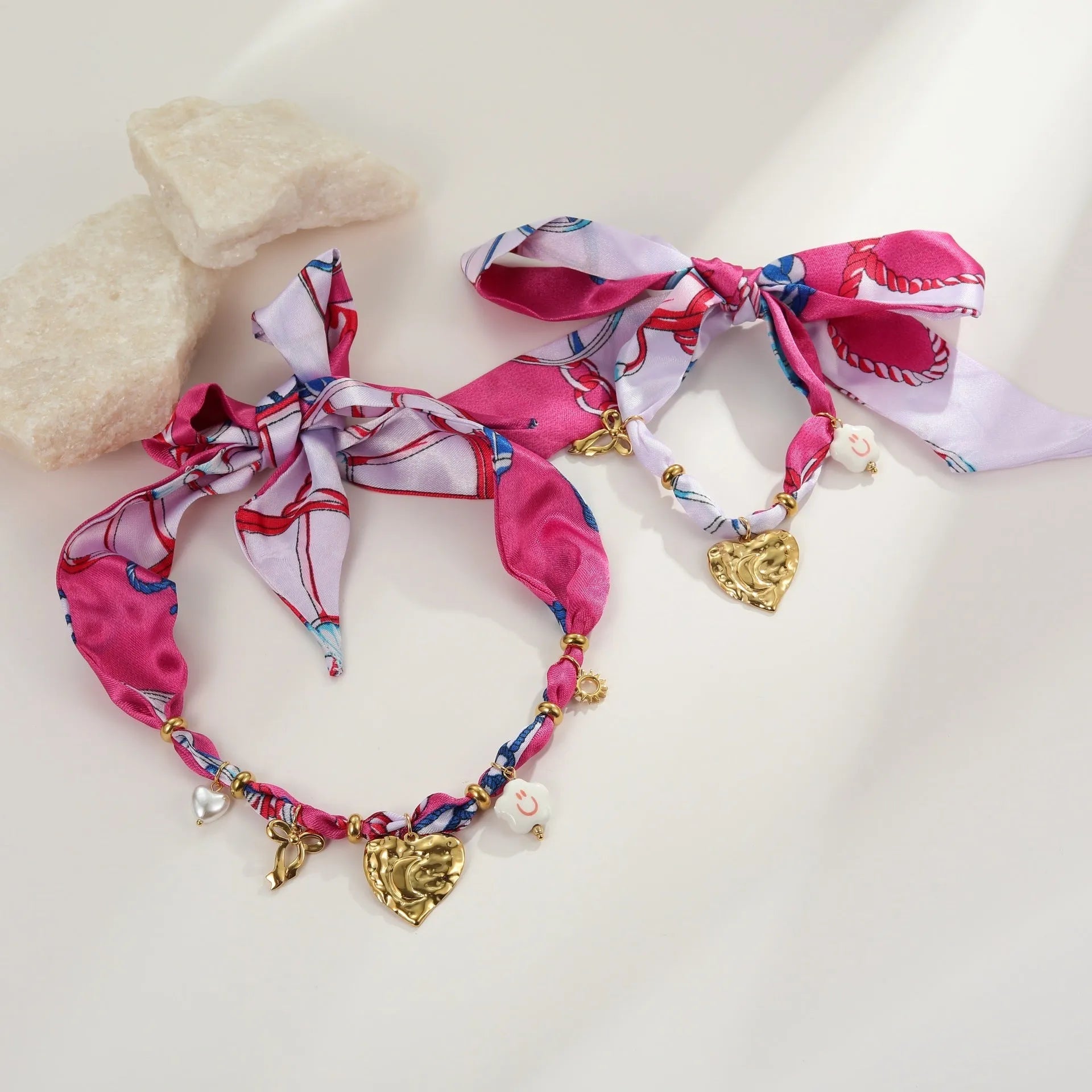 Colourful silk scarf series stainless steel necklace and bracelet set with gold electroplated love pendant geometric design
