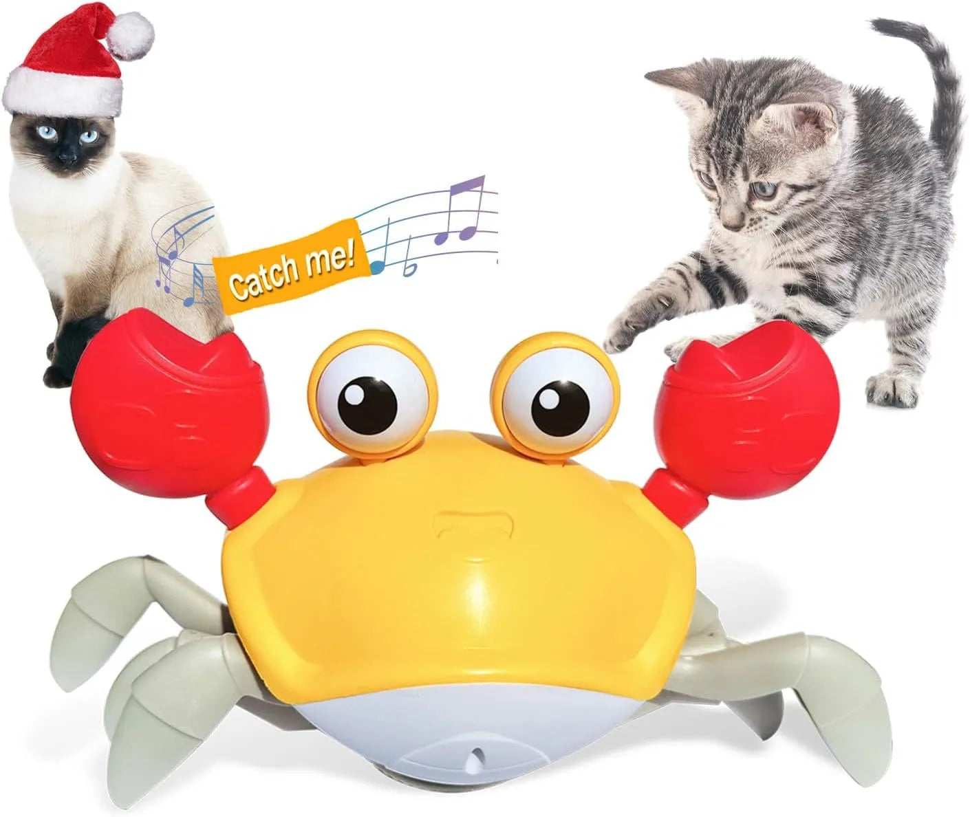 Blue or red electronic crawling crab dog toy with lights, shown next to a charging cable