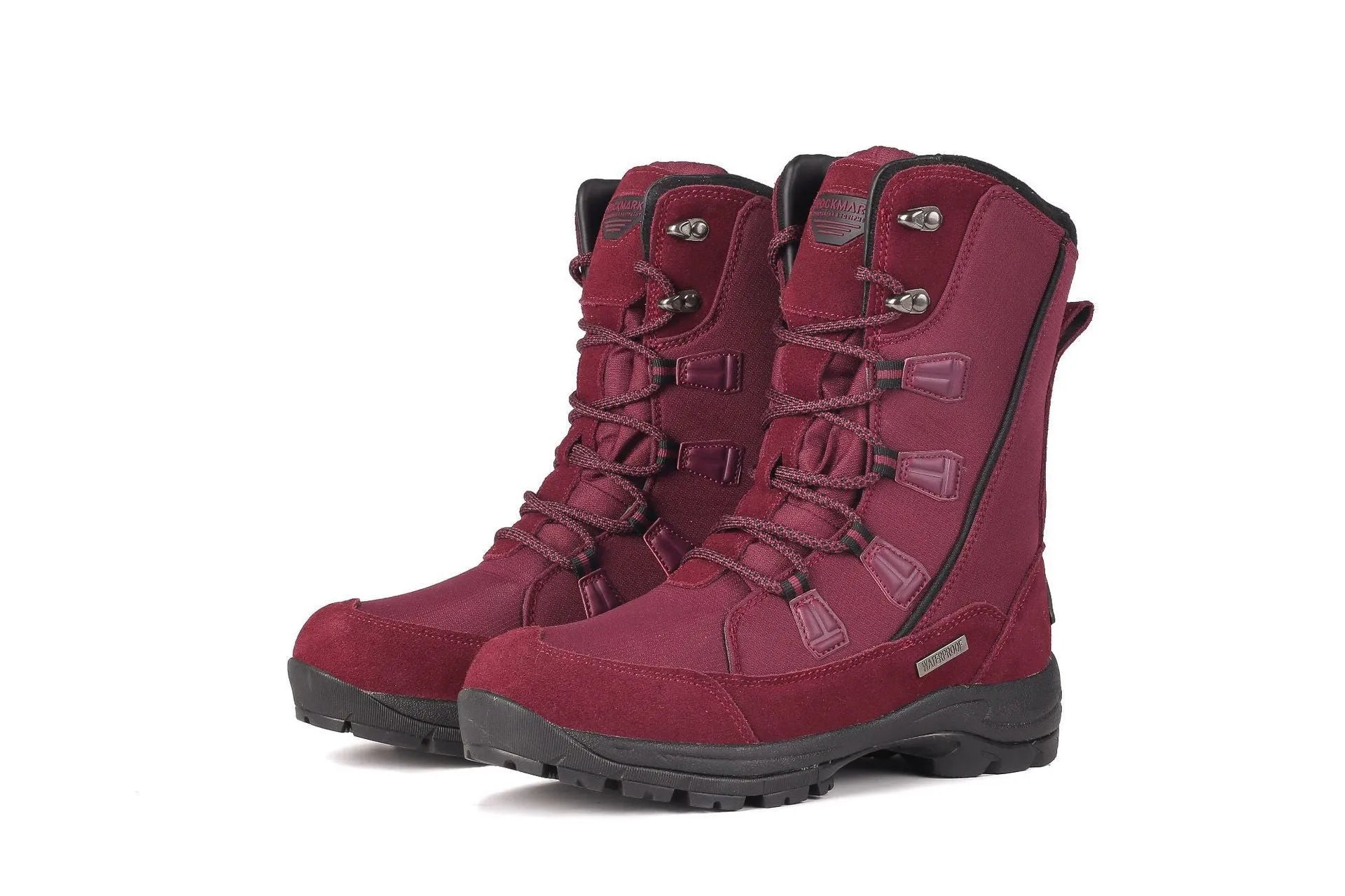Women's black thermal snow boots with mid-calf height, round toe, and rubber sole.