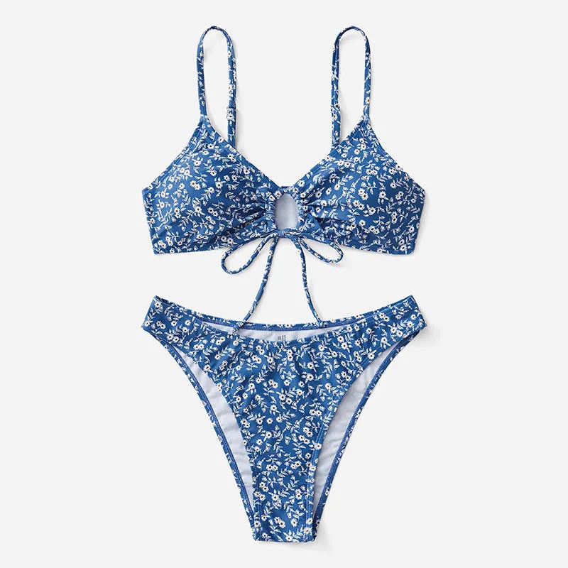 Blue polyester swimsuit three-piece set with matching top and shorts without steel rings
