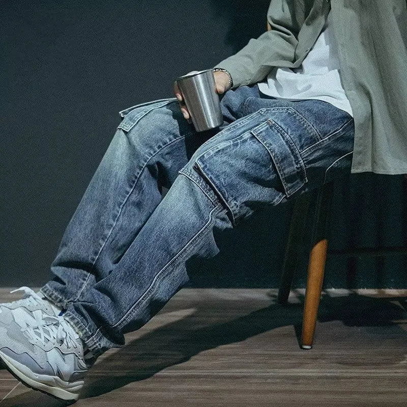 Men's blue loose straight jeans with zip fly in retro style