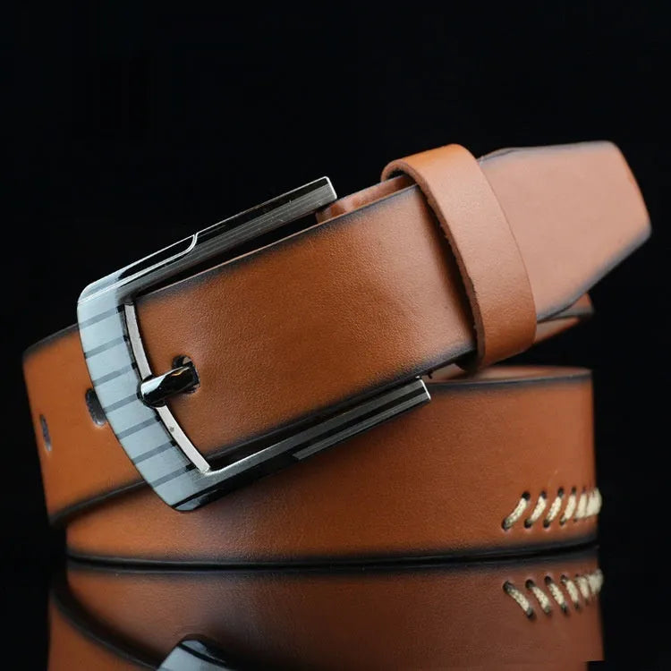 Men's brown retro pattern belt with a silver alloy pin buckle on a white background.