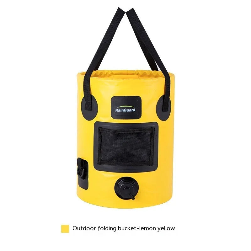 Outdoor portable folding fishing bucket in lemon yellow colour showing 25L capacity and foldable design