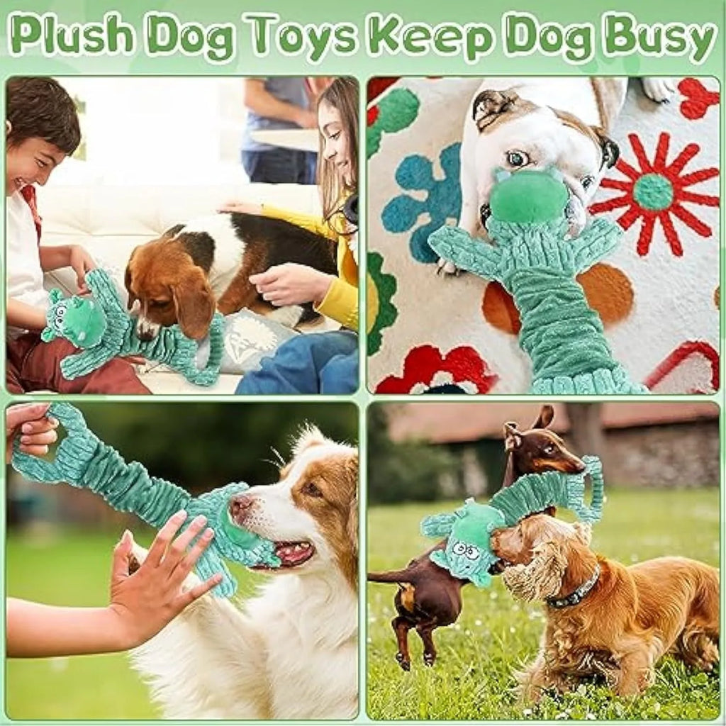 Large blue Hippo-shaped plush dog toy with a handle, shown next to a brown Monkey version.