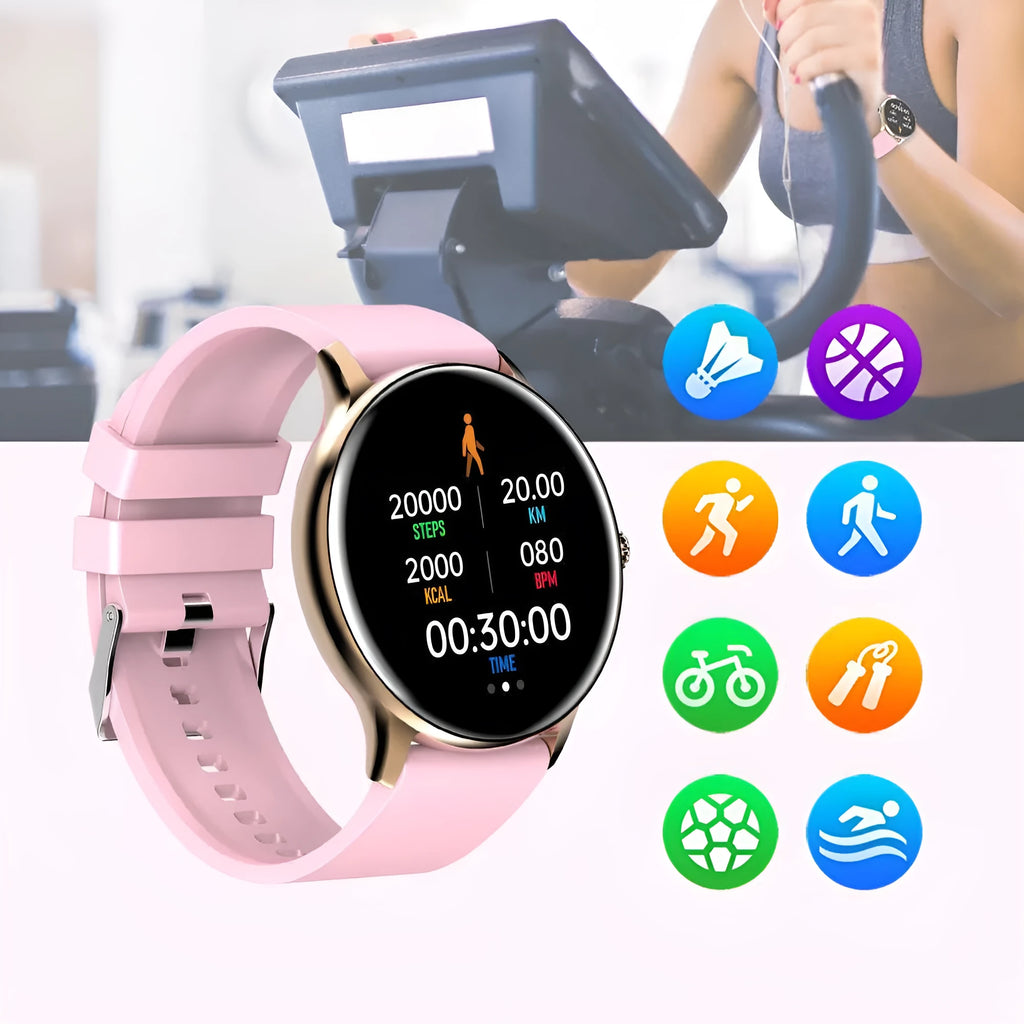 Smart health watch with circular black face and silicone wristband showing blood pressure monitoring display