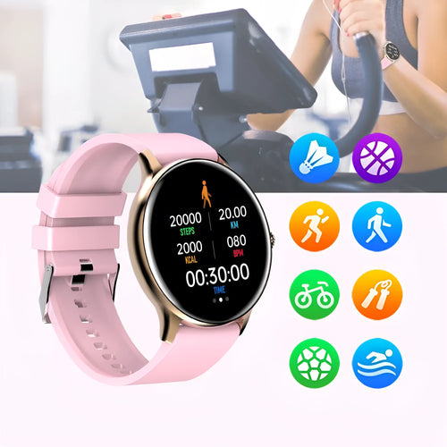Smart health watch with circular black face and silicone wristband showing blood pressure monitoring display