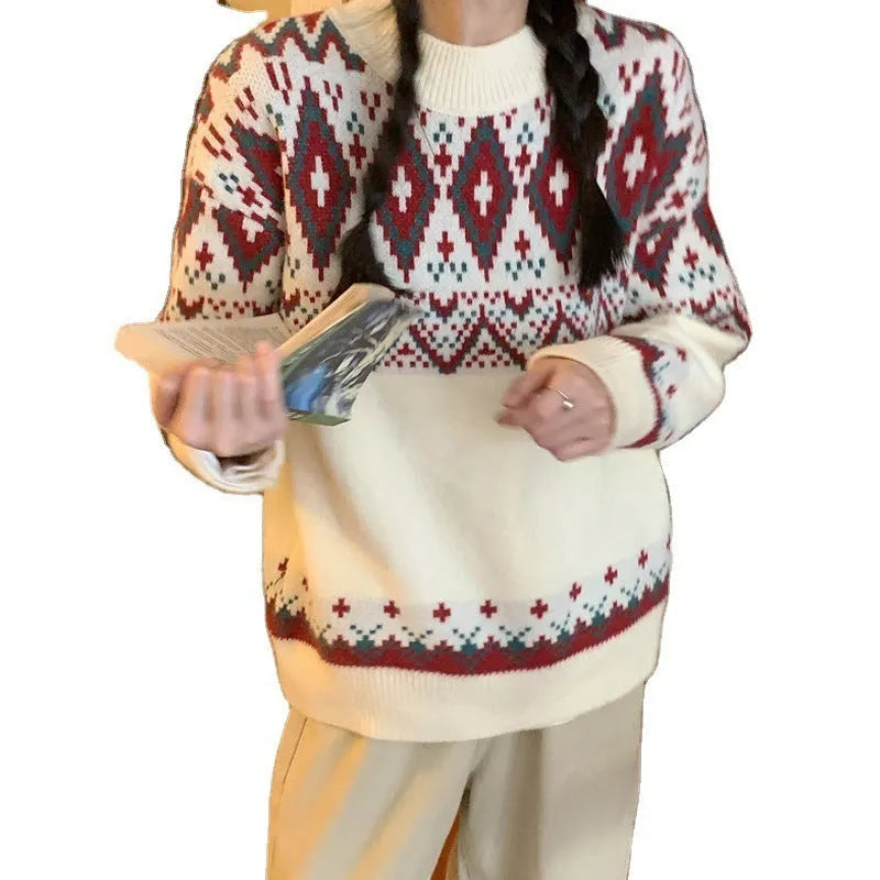 Retro striped pullover knitted top with loose fit and long sleeves