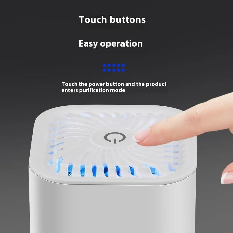 Mini USB car air purifier in white and black colours for small spaces