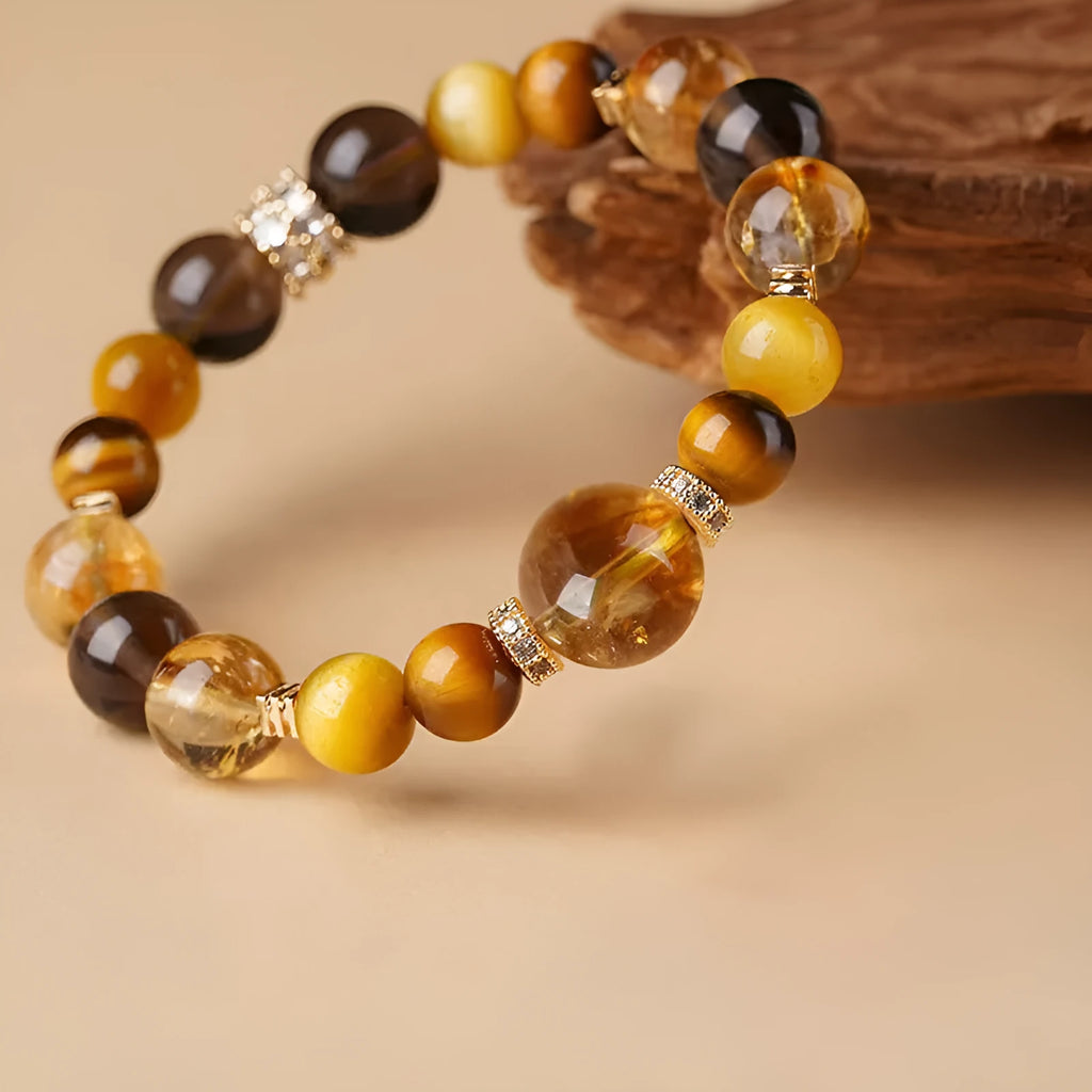 Yellow tiger-eye crystal bracelet with geometric beads in K-boxing pattern