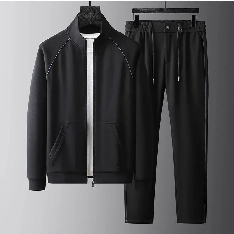 Slim fit stand collar casual sports jacket and trousers track suit in black colour